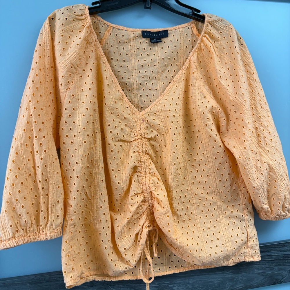 Sanctuary Orange Eyelet V-Neck Drawstring Blouse - Picture 3 of 6